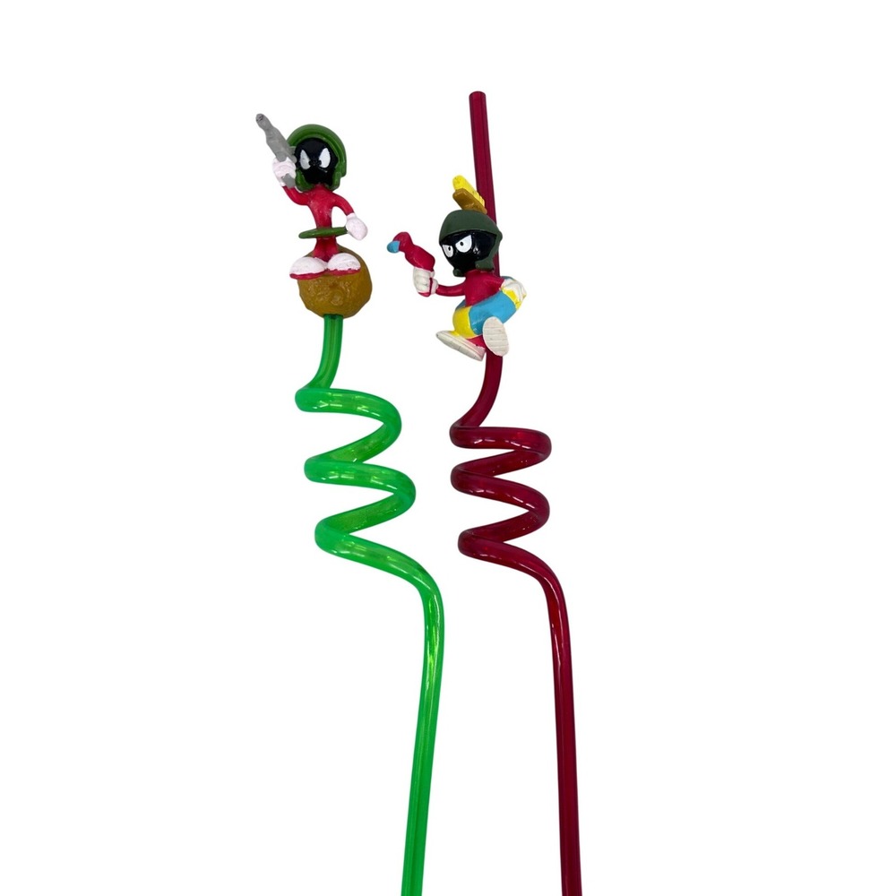 Vintage Marvin the Martian Looney Tunes Curly Straws Set of 2 Red Green Ray Gun